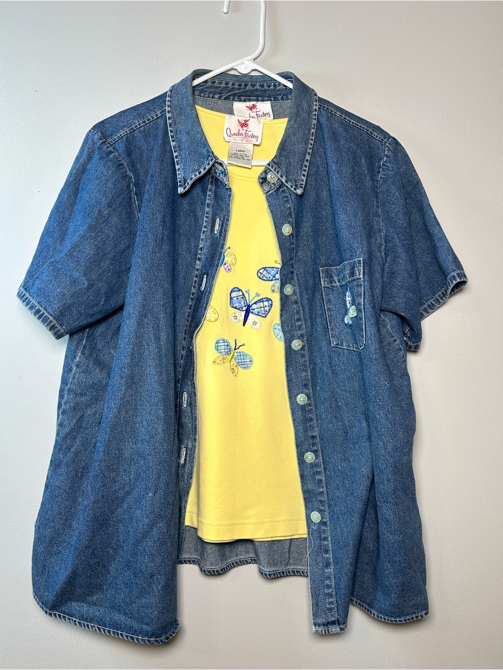 VTG Quacker Factory 2Pc Set Womens L Embroidery Yellow Rhinestone Button Down